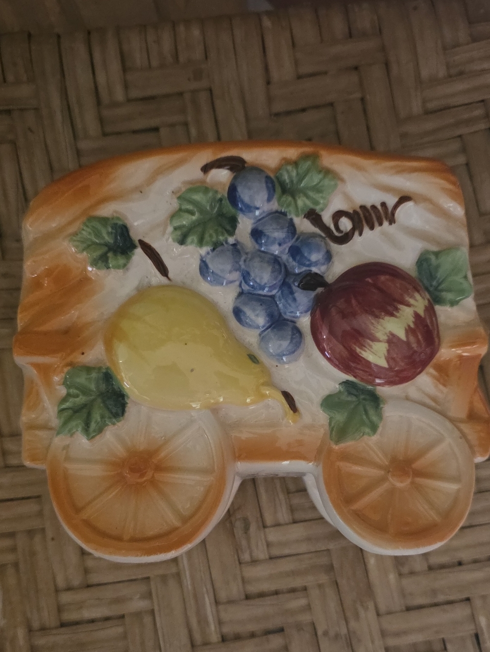 Vintage Nippon Ceramic Fruit Wall POCKET- Yellow, Blue & Red Japan